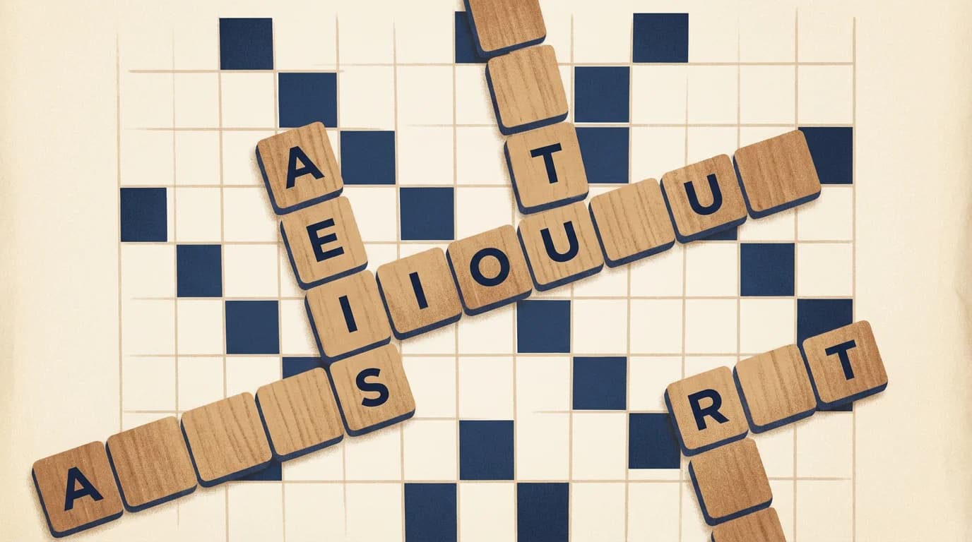An open wooden-tile word board on cream paper, mid-game, with no popup cards, no modal overlays, and no interruption chrome.