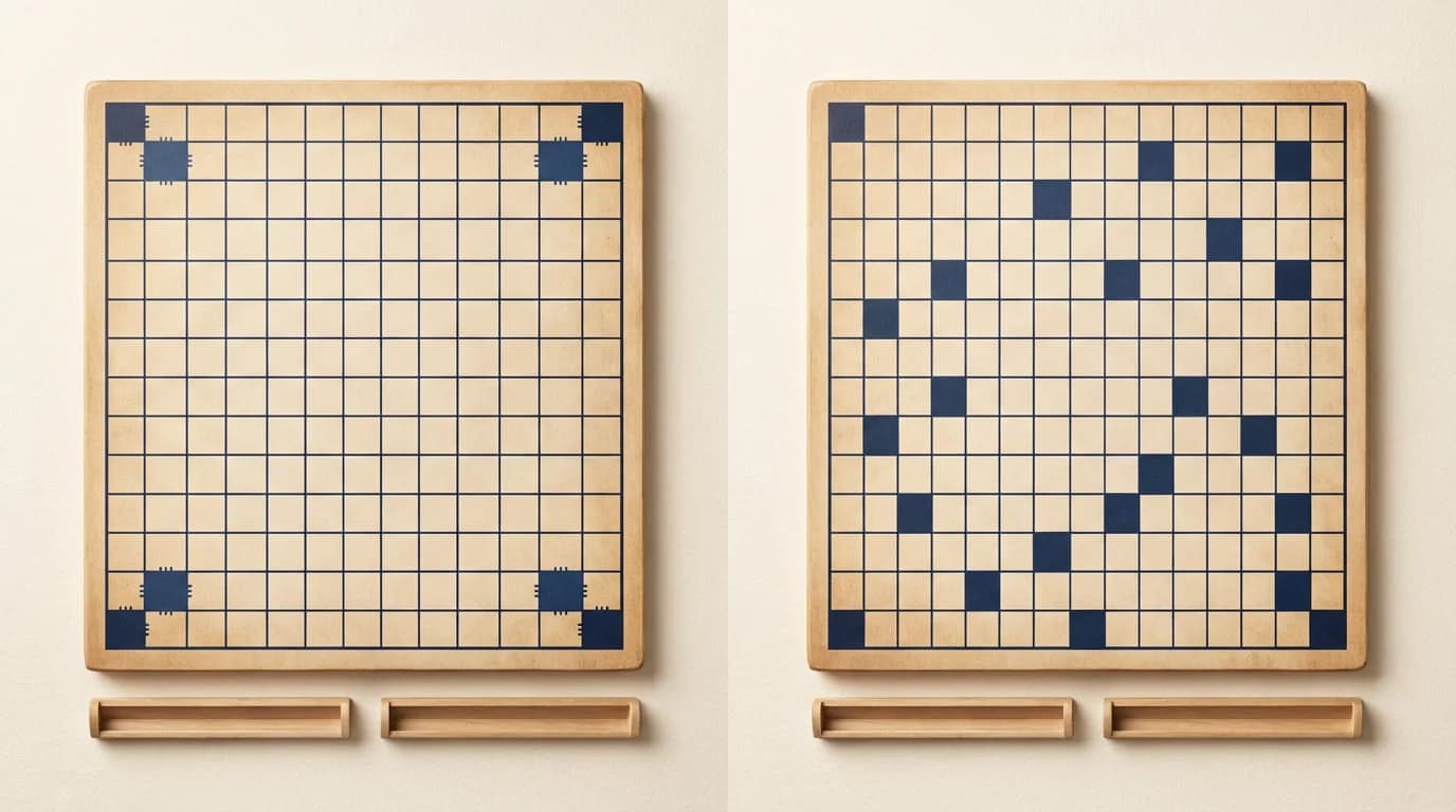 Two WordSalvo boards at match start, one with the fixed premium pattern and one with a randomized layout, to illustrate that both modes ship.