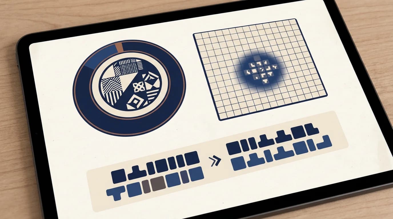 Post-game analysis panel on a tablet screen showing a circular brilliancy score ring beside a miniature 15×15 board with one move highlighted and an optimal-move comparison row below.