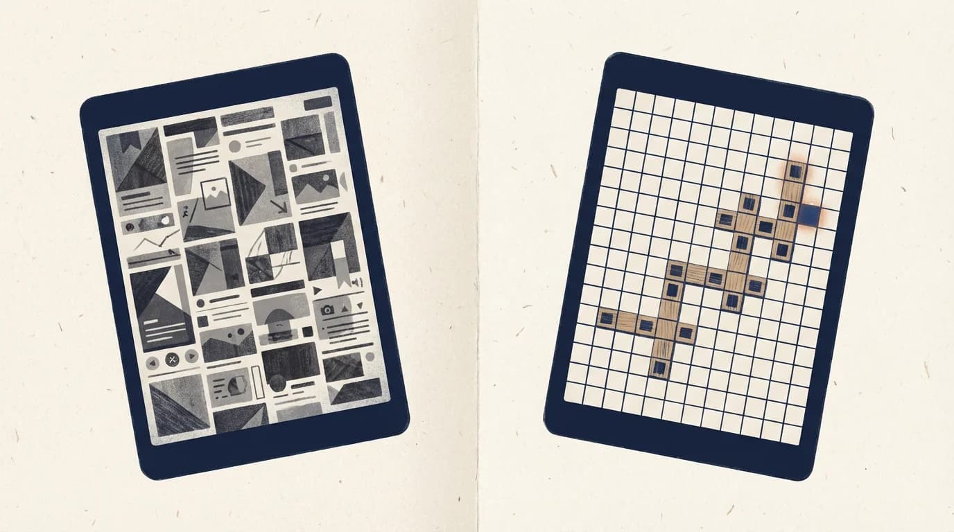 Two abstract tablet silhouettes on a warm cream backdrop — the left rendered as a dense monochrome mosaic suggesting UI clutter, the right a calm 15×15 WordSalvo board mid-match.