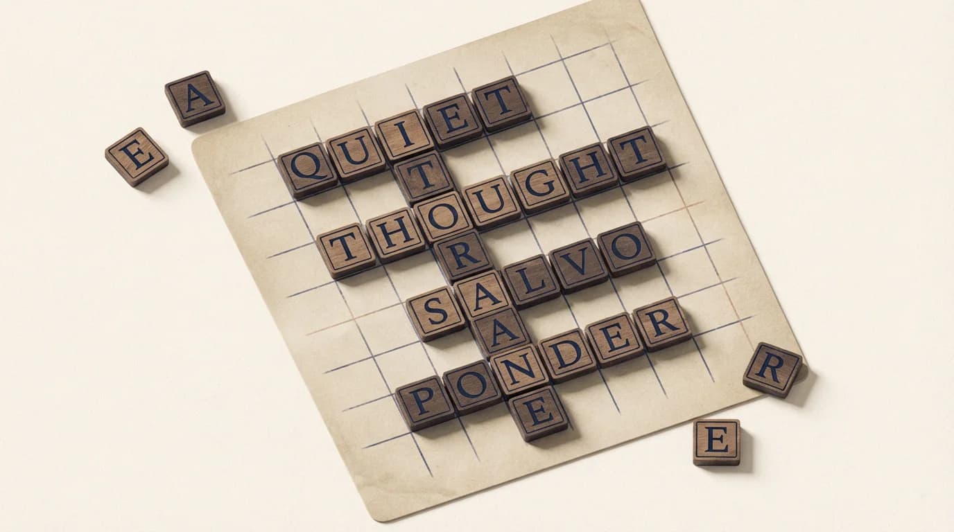 WordSalvo board mid-game with tiles forming a crossword pattern across premium double-word and triple-letter squares, a live score badge on the most recently placed tile.
