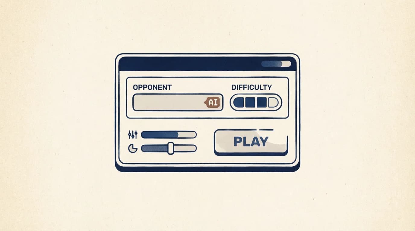A game lobby card with a single opponent slot clearly showing an AI tag next to the opponent name and a difficulty pill.