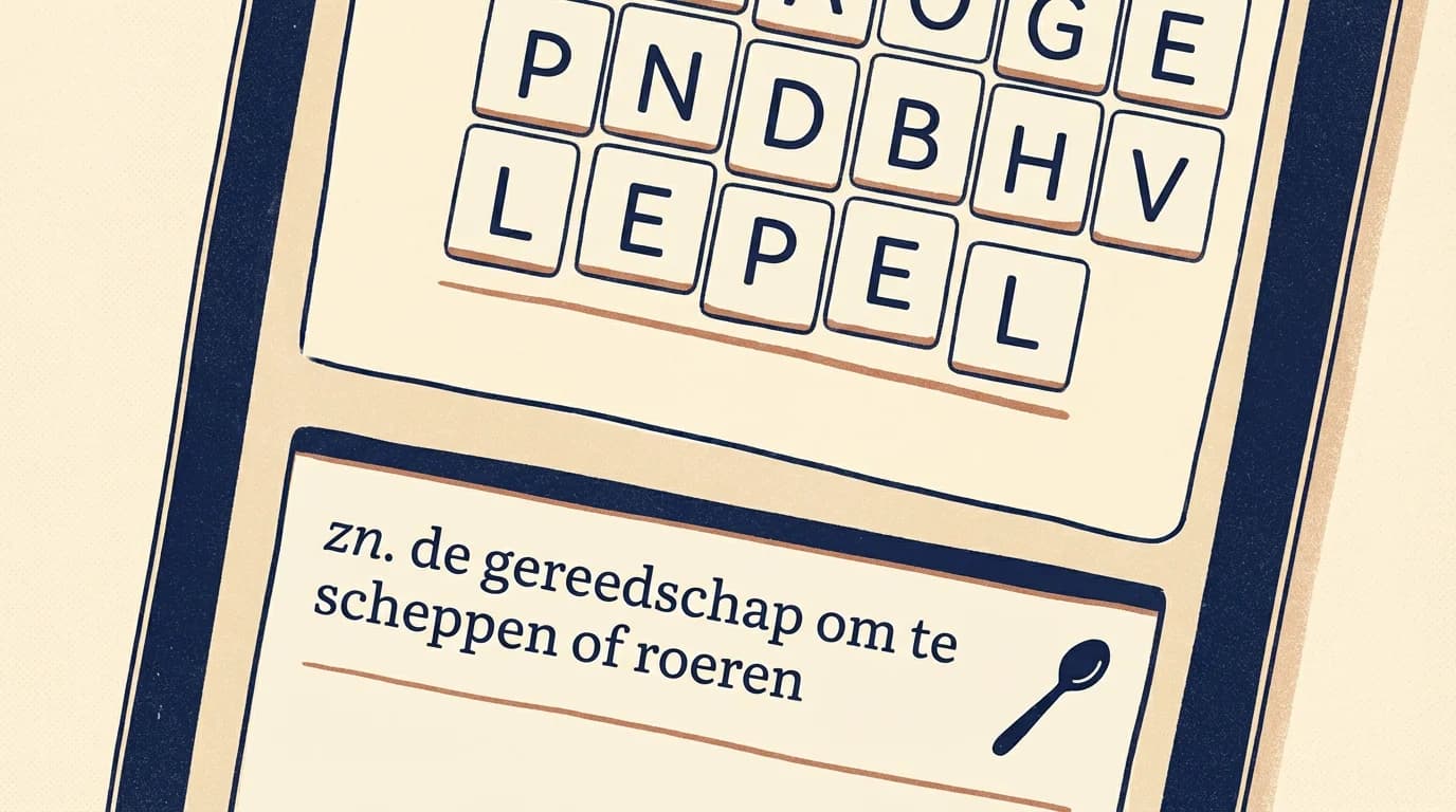 A tablet screen showing a Dutch word selected on the board with a definition panel below it displaying a Dutch-language definition.