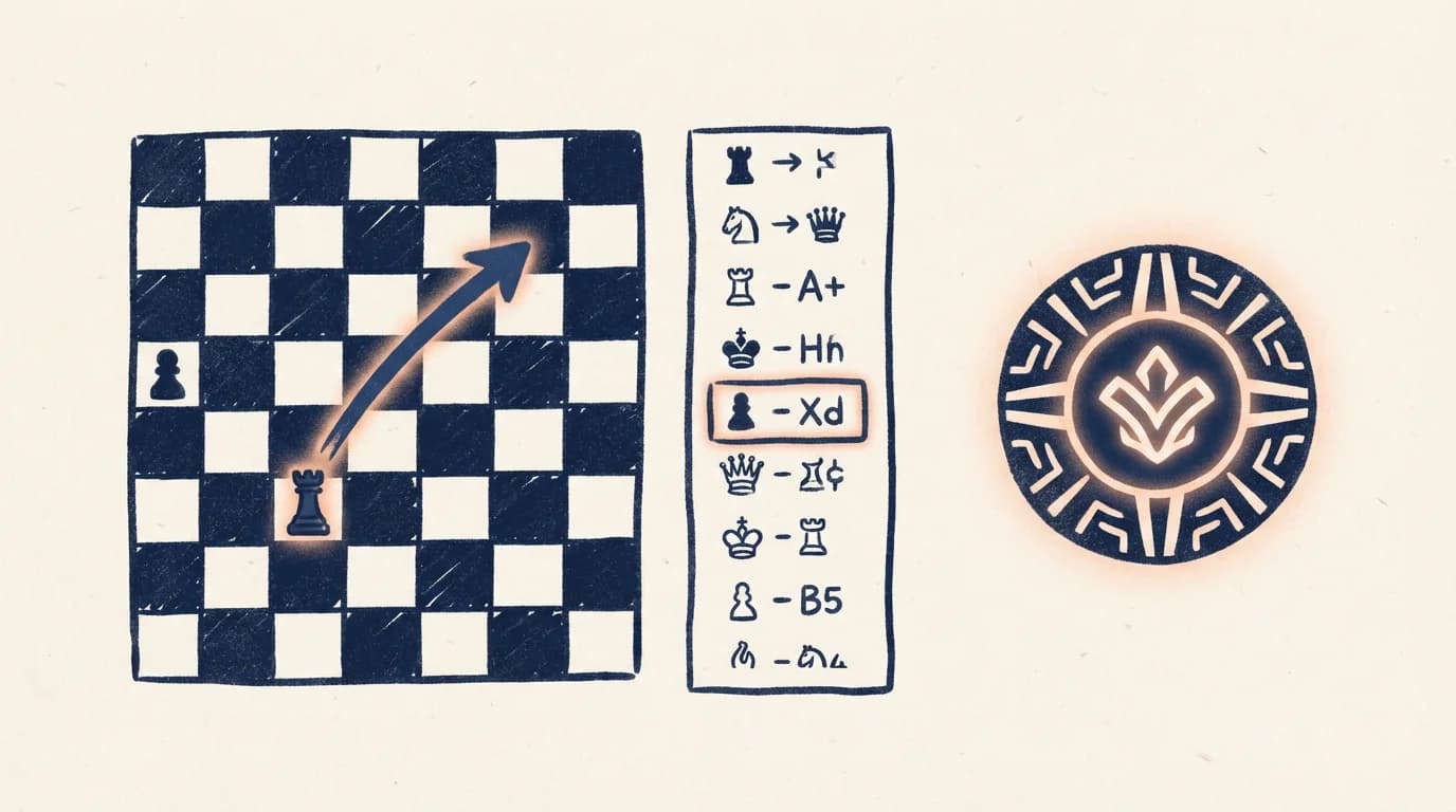 A post-game analysis panel showing a brilliancy badge, a move-history strip, and a highlighted turning-point move on a miniature board.