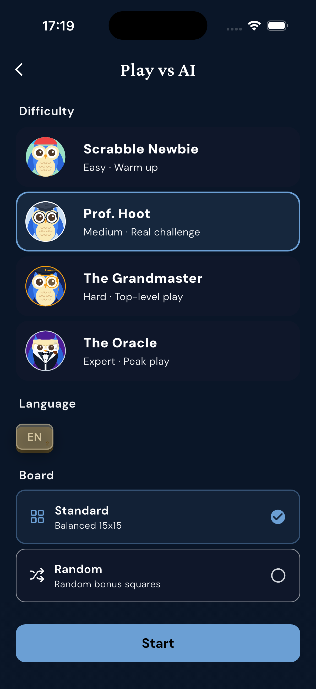 WordSalvo AI practice setup screen