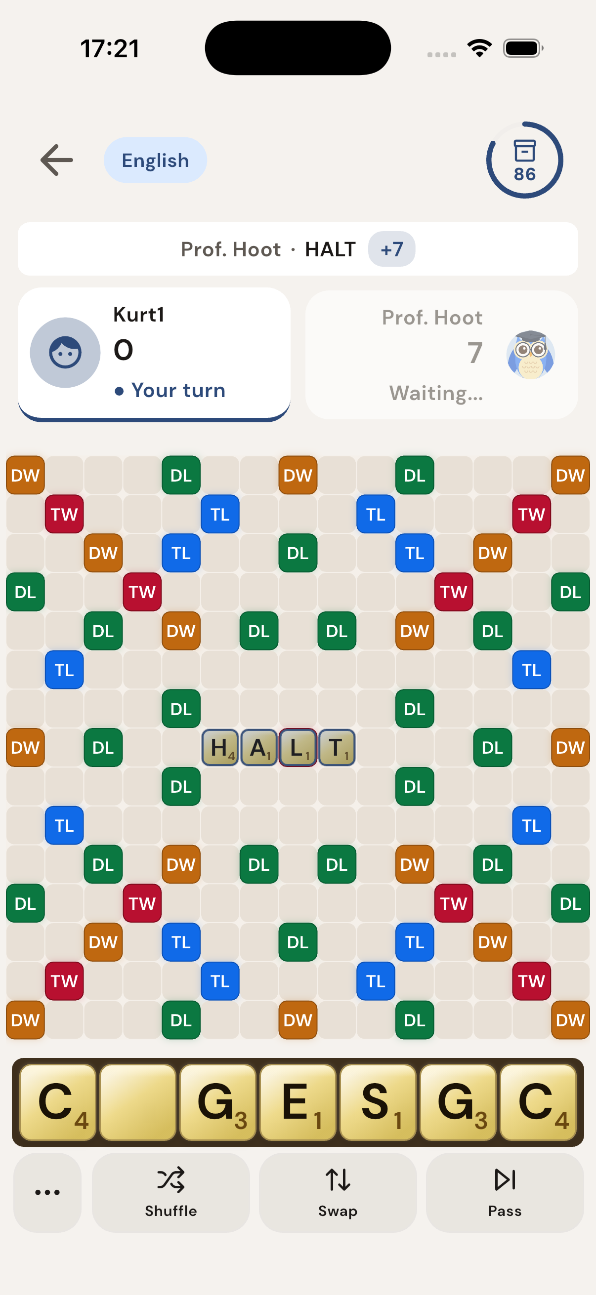 WordSalvo board during an online game